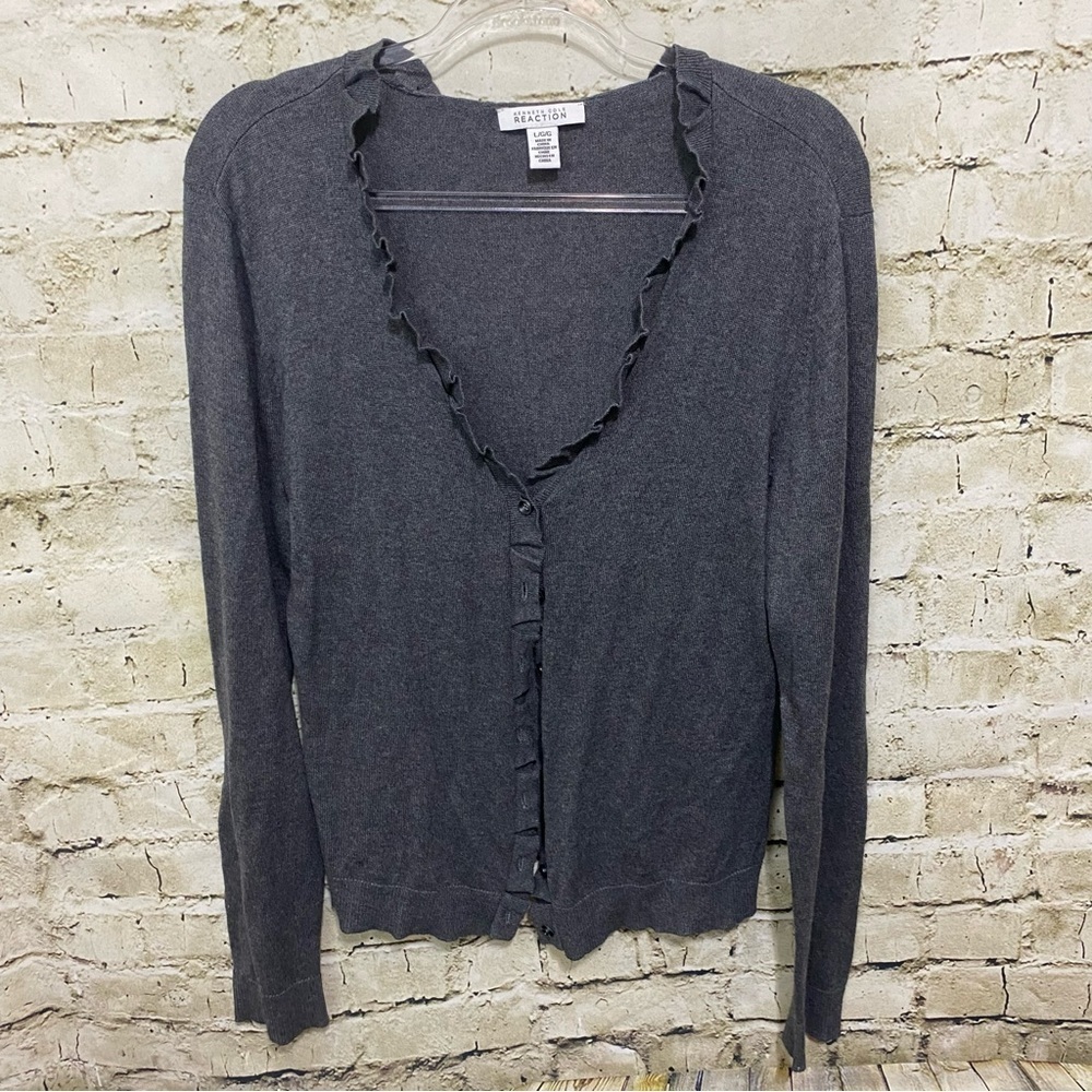Kenneth Cole Reaction Gray Ruffle V Neck Cardigan